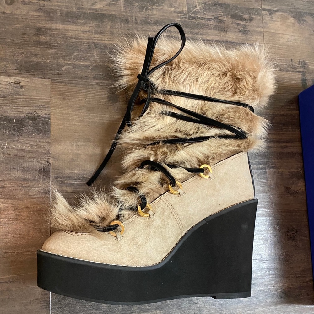 Stuart Weitzman Lamb Fur Wedge Boot - Picture 1 of 11